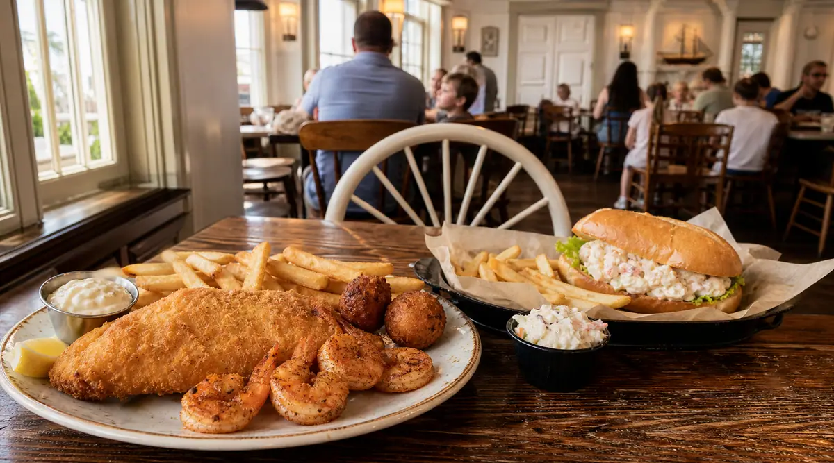Photoreal seafood lunch spread representing Columbia Harbour House at Magic Kingdom