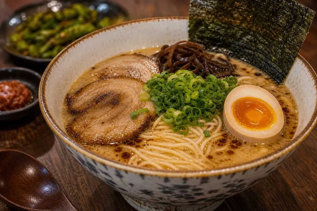 Photoreal ramen and small-plates spread representing Domu