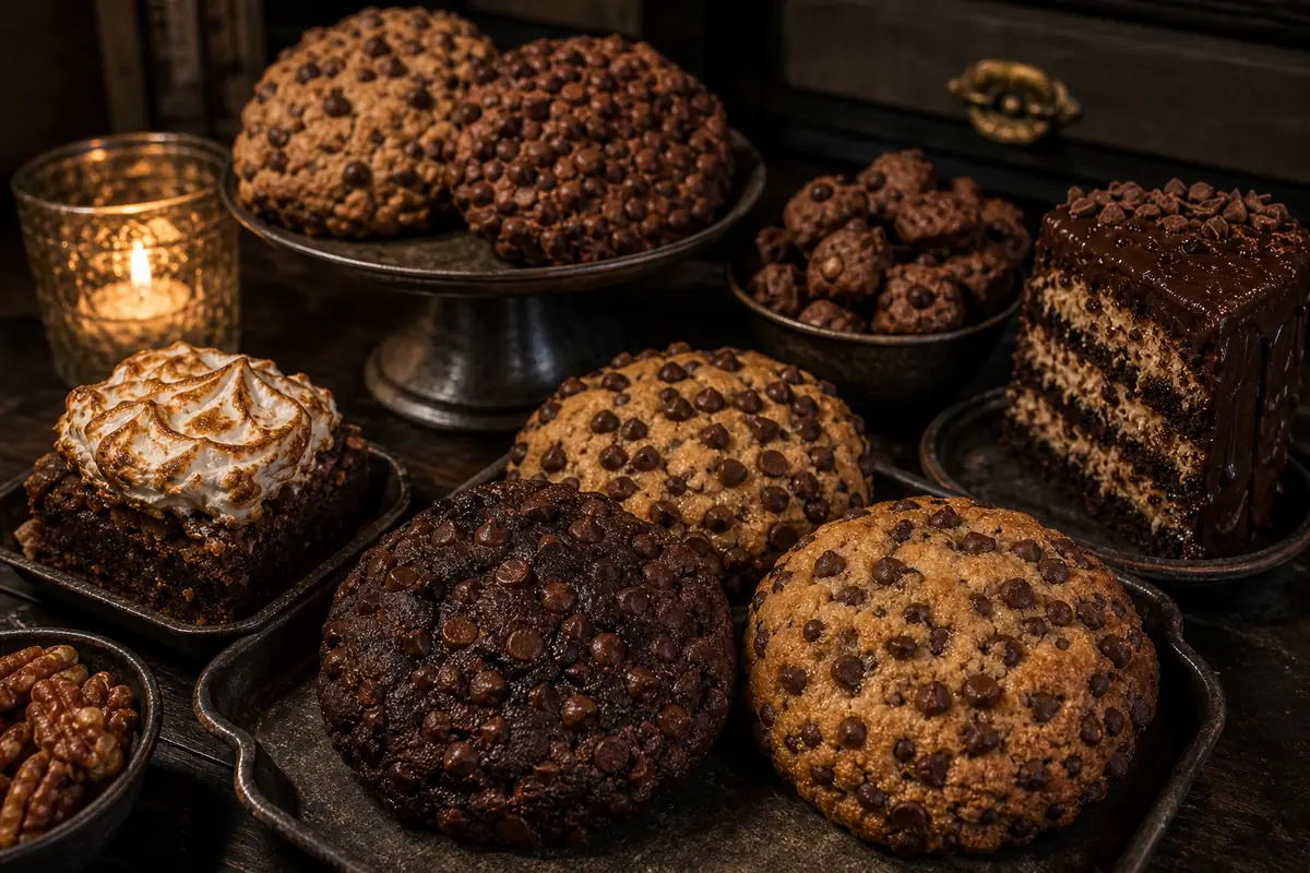 Photoreal oversized cookies and bakery treats representing Gideon's Bakehouse
