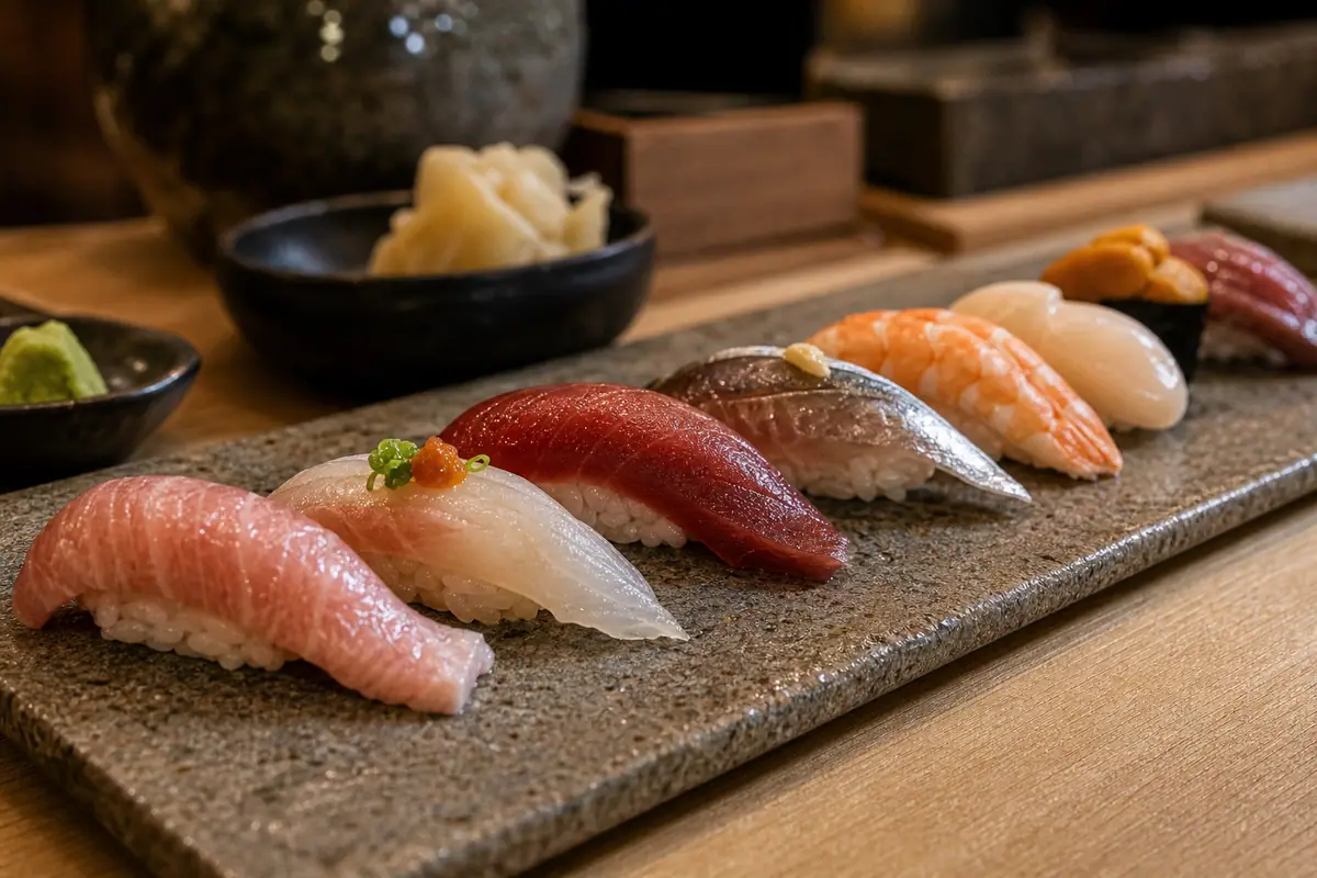 Photoreal intimate omakase sushi presentation representing Kadence