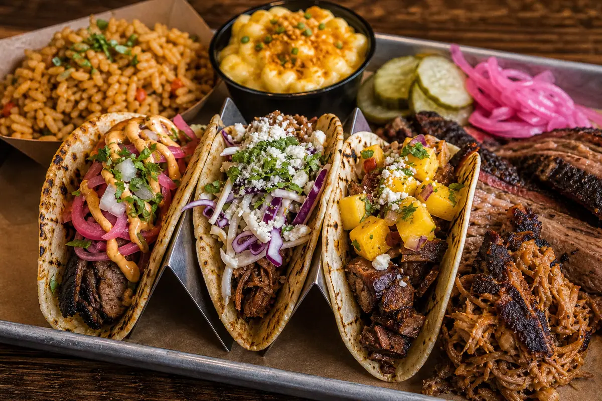 Photoreal globally inspired barbecue plate representing Pig Floyd's Urban Barbakoa