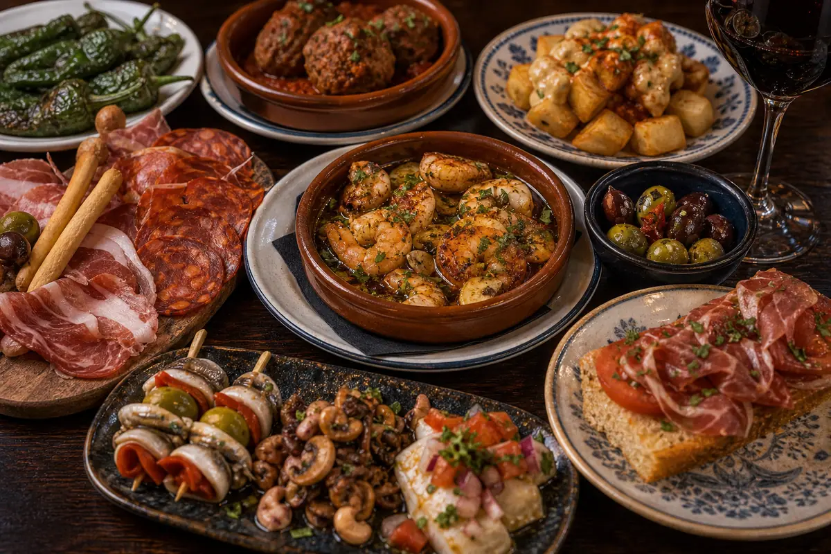 Photoreal tapas spread representing Santiago's Bodega
