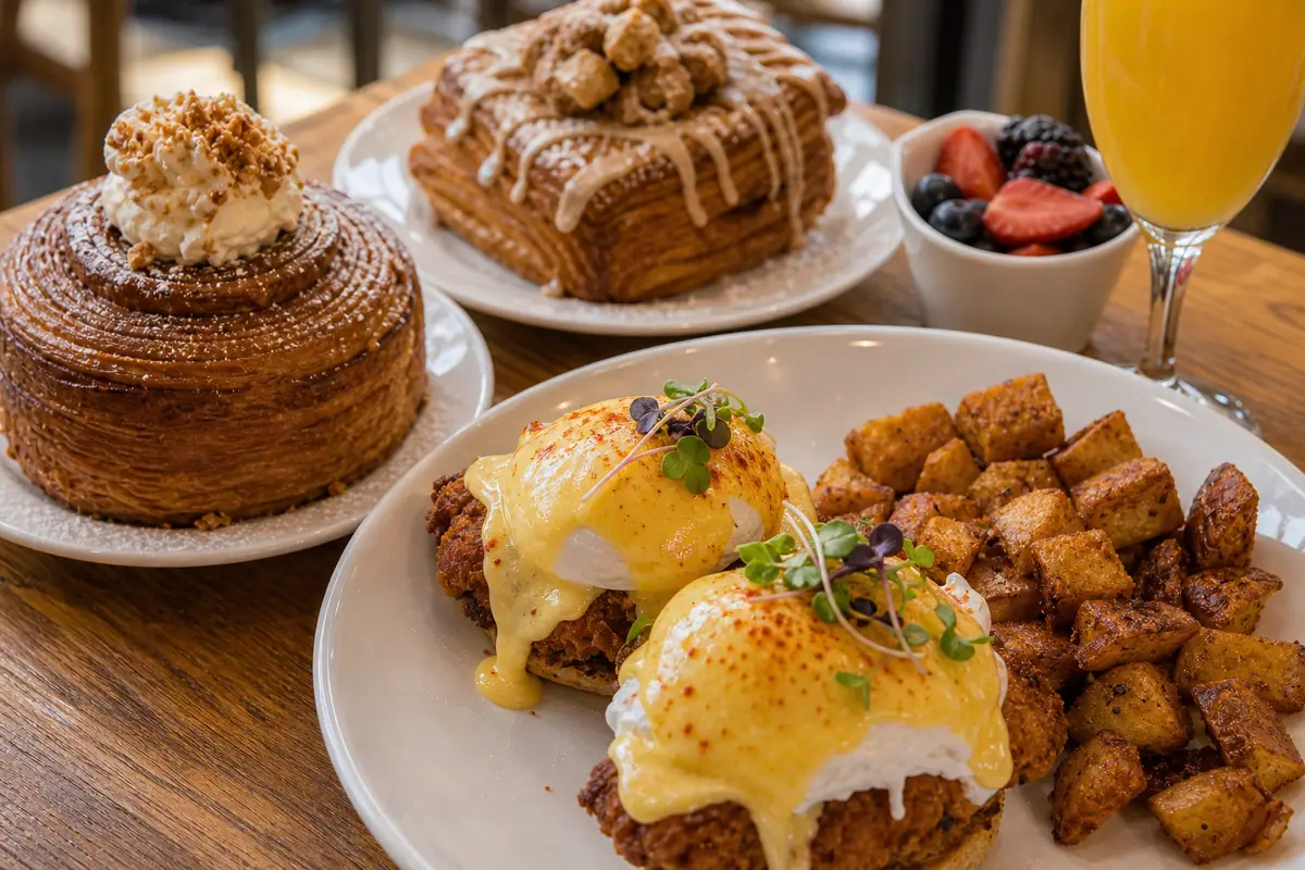Photoreal Southern brunch plate and bakery treats representing Se7en Bites