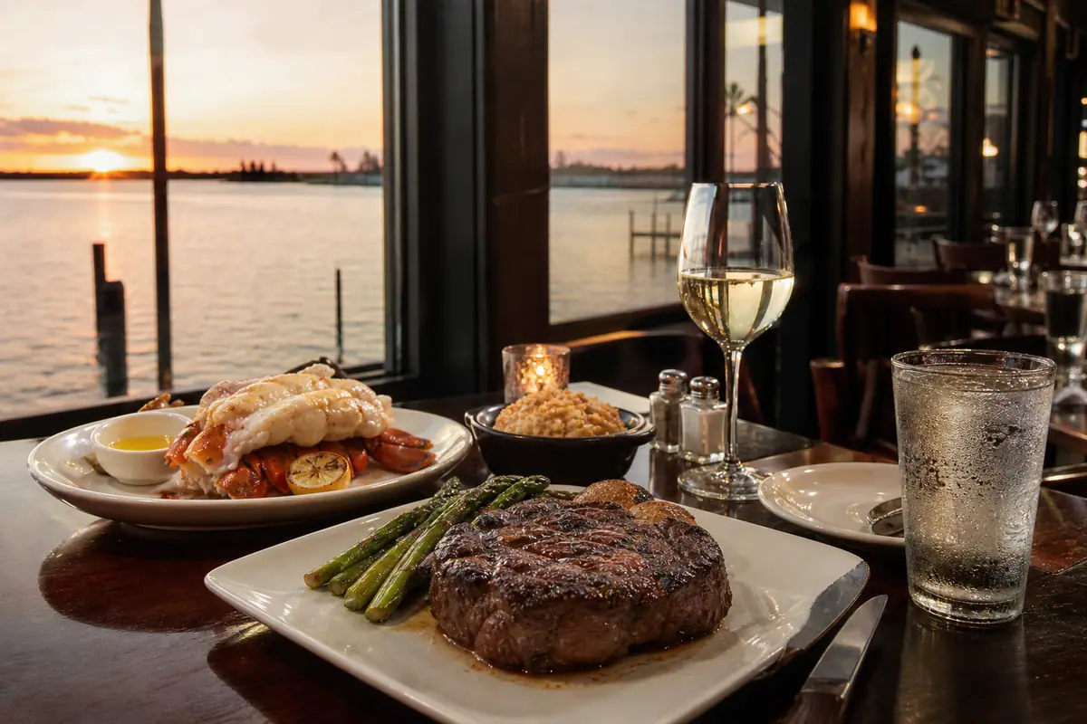 Photoreal steak and seafood dinner at sunset inside Shiloh's Steak & Seafood