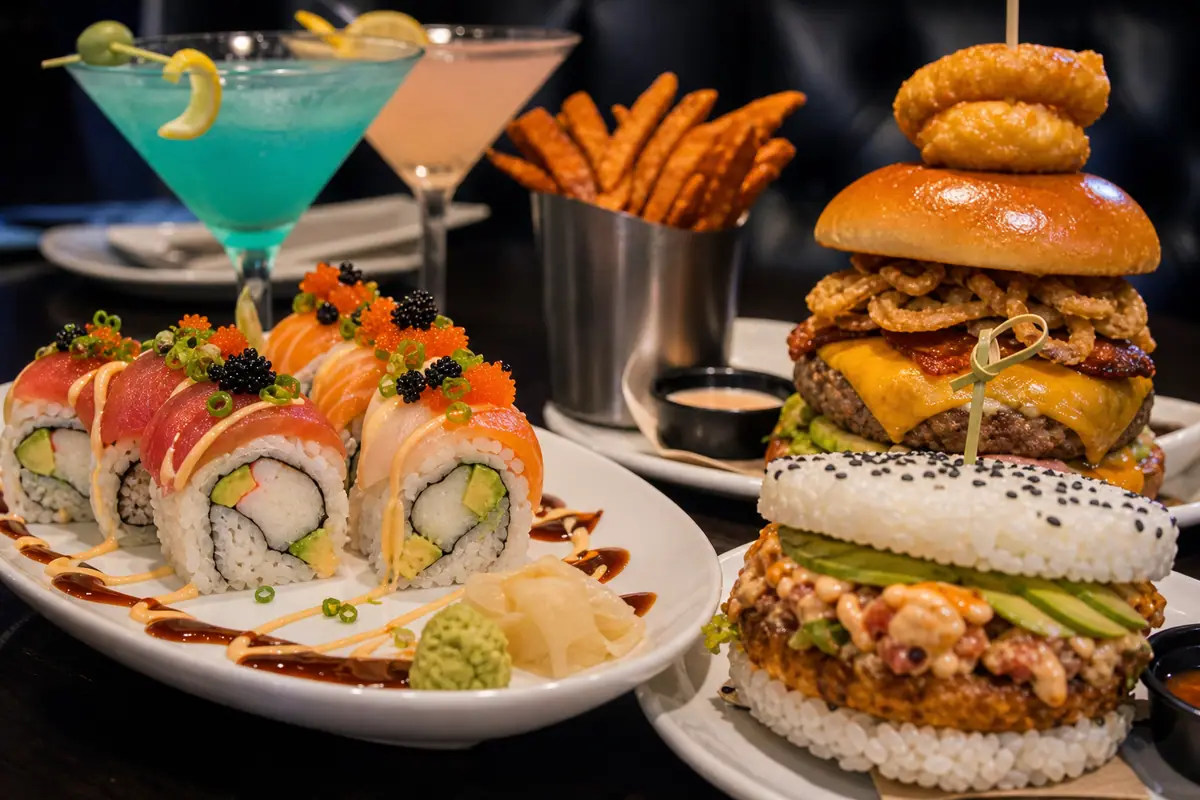 Photoreal sushi-and-burger fusion spread representing The Cowfish Sushi Burger Bar