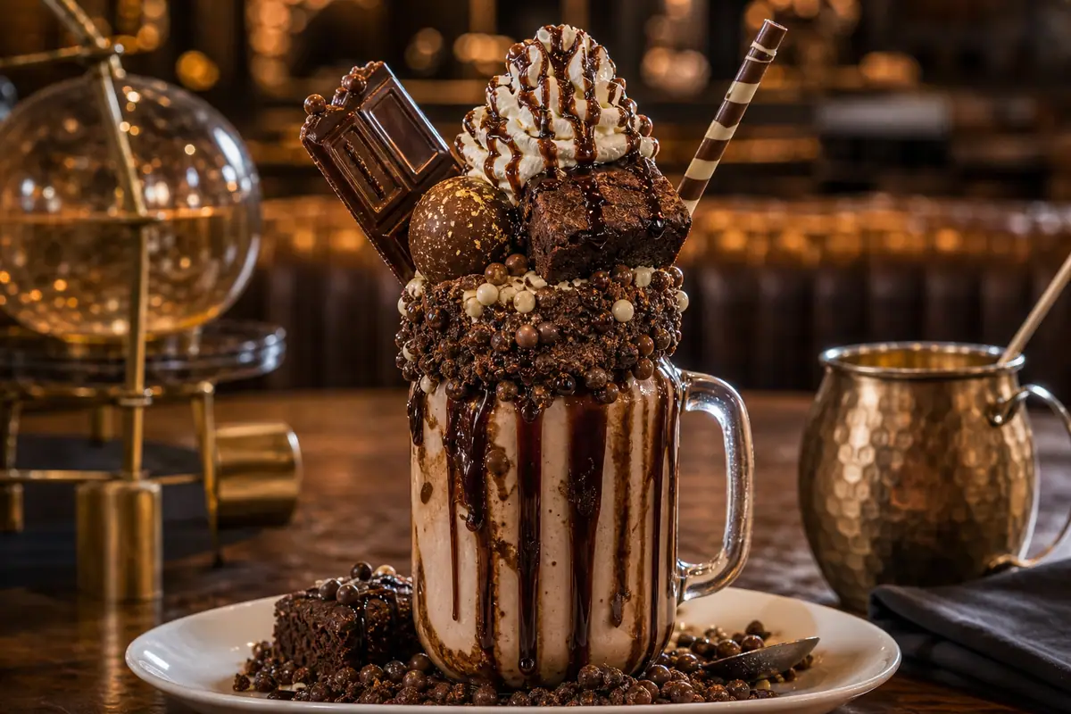 Photoreal extravagant milkshake and dessert-forward dinner spread representing The Toothsome Chocolate Emporium & Savory Feast Kitchen
