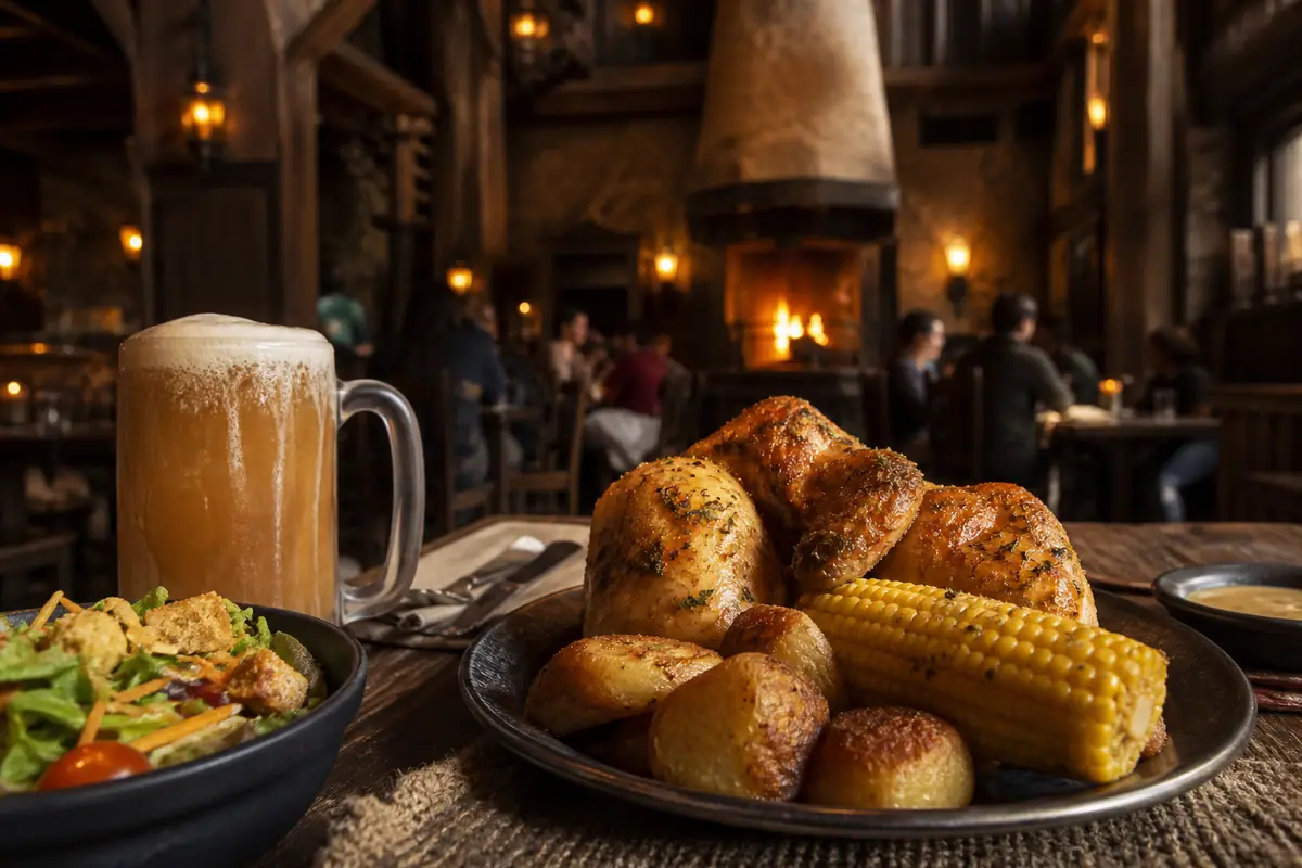 Photoreal rustic tavern meal representing Three Broomsticks inside Islands of Adventure