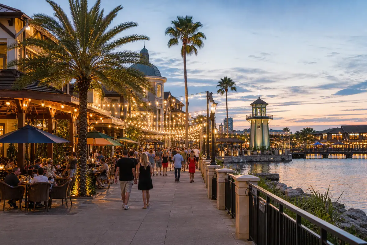 Photoreal waterfront shopping and dining district scene representing Disney Springs