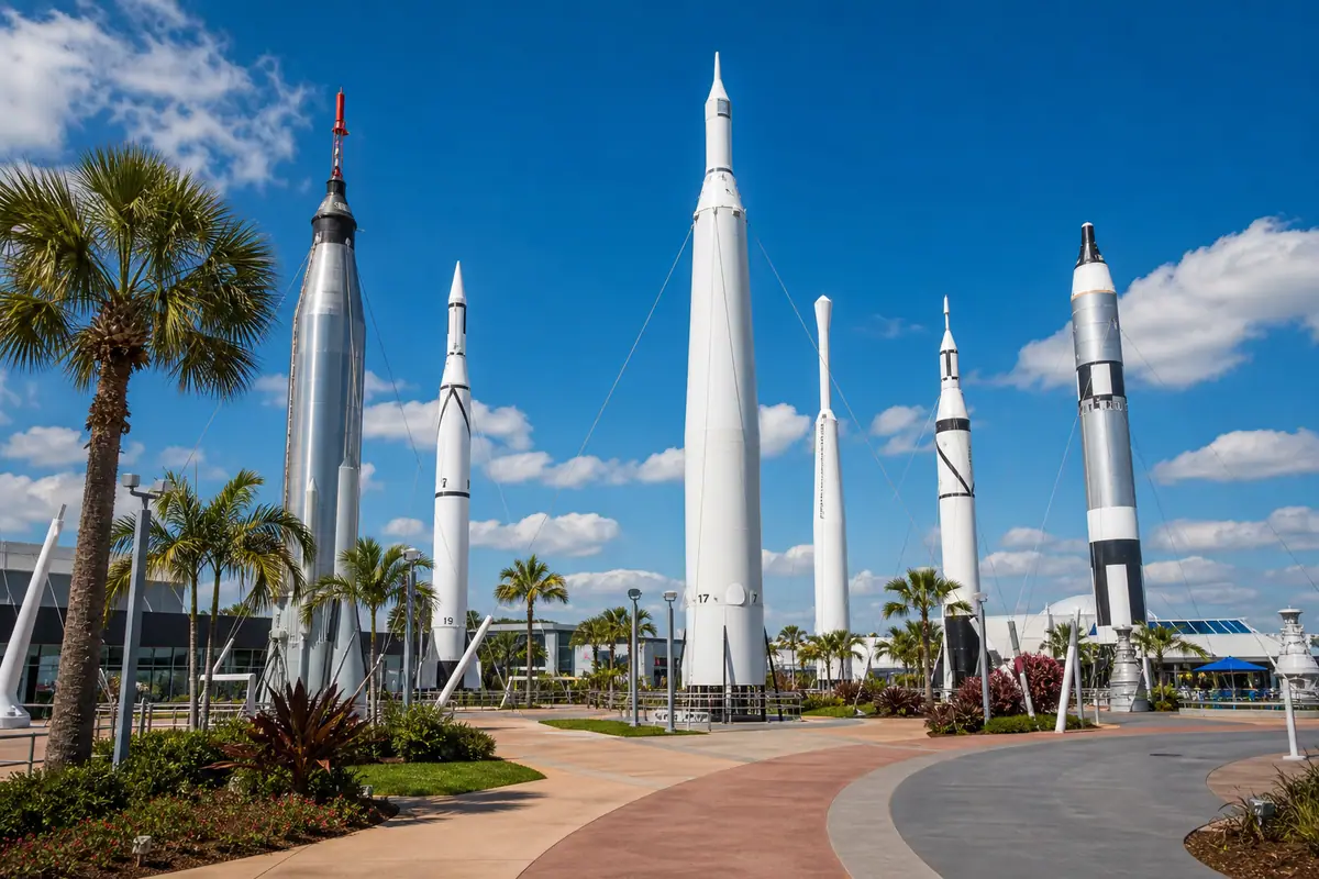 Photoreal rocket garden and visitor plaza scene representing Kennedy Space Center Visitor Complex