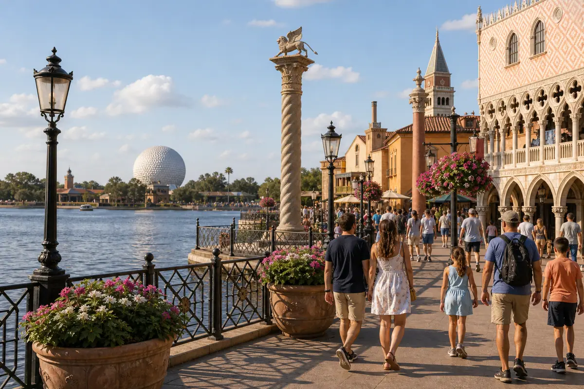 Photoreal EPCOT World Showcase promenade and lagoon in late-afternoon Orlando light