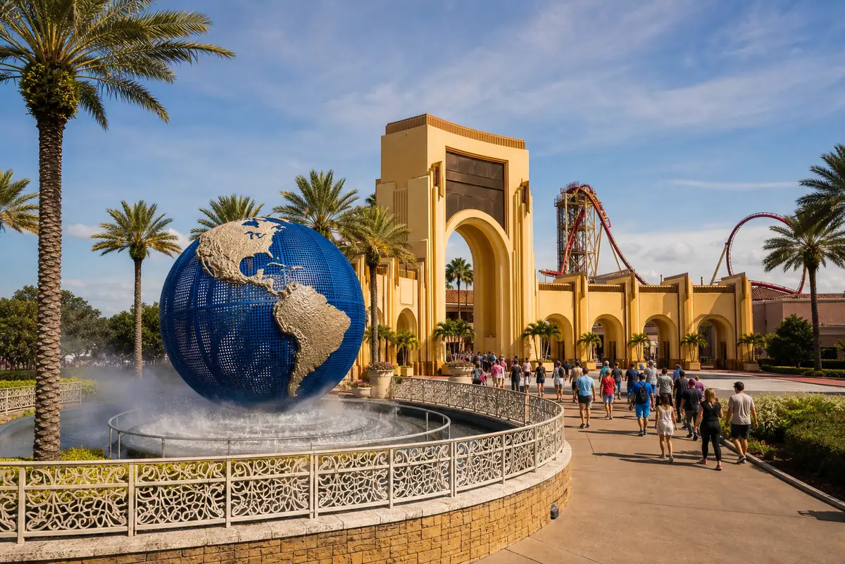 Photoreal modern theme-park resort scene with rides, promenade, and cinematic energy representing Universal Orlando Resort
