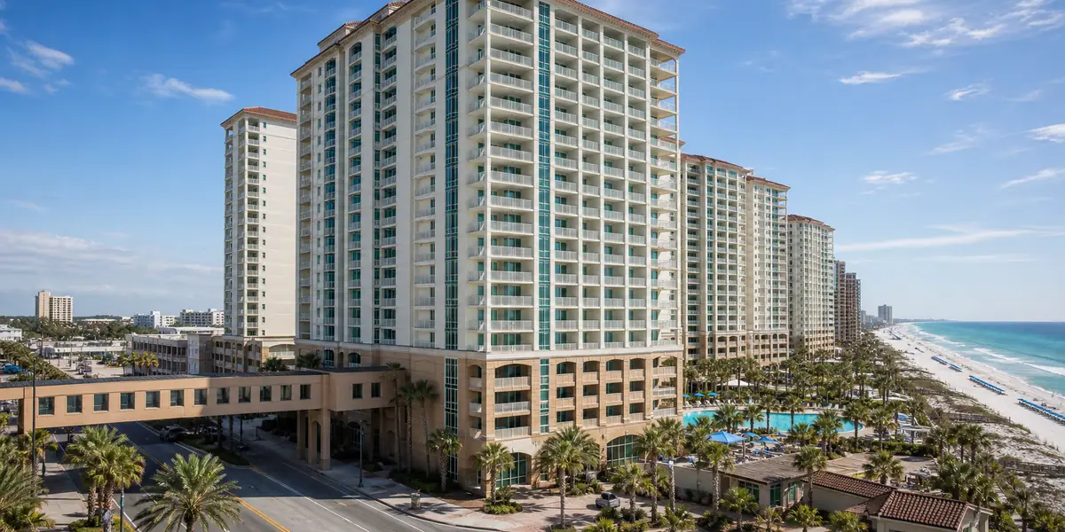 Photoreal high-rise beachfront resort exterior representing Grand Panama Beach Resort