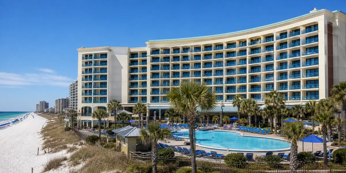Photoreal beachfront resort pool and tower view representing Holiday Inn Resort Panama City Beach