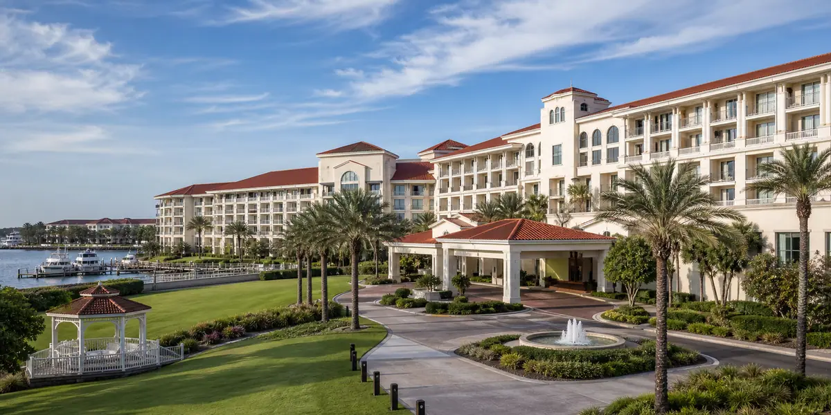 Photoreal upscale resort exterior with palms and coastal grounds representing Sheraton Panama City Beach Golf & Spa Resort