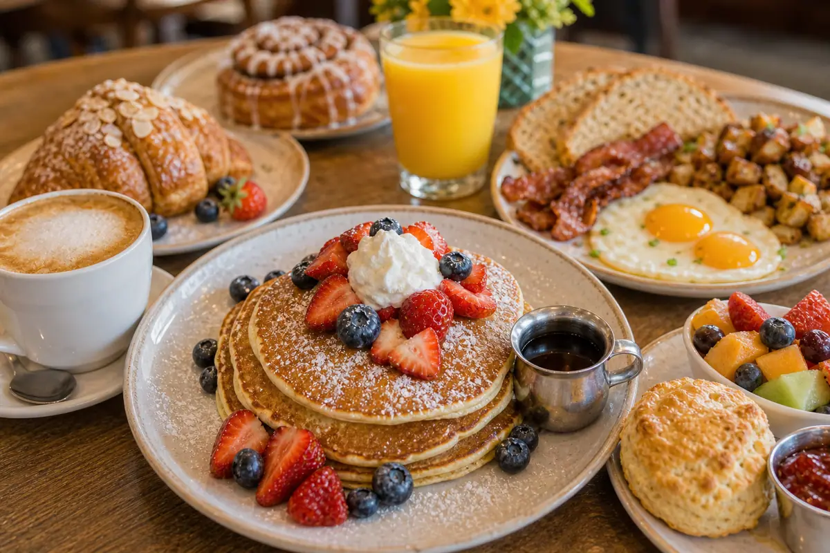 Photoreal bakery breakfast and pastry spread representing Andy's Flour Power Cafe & Bakery