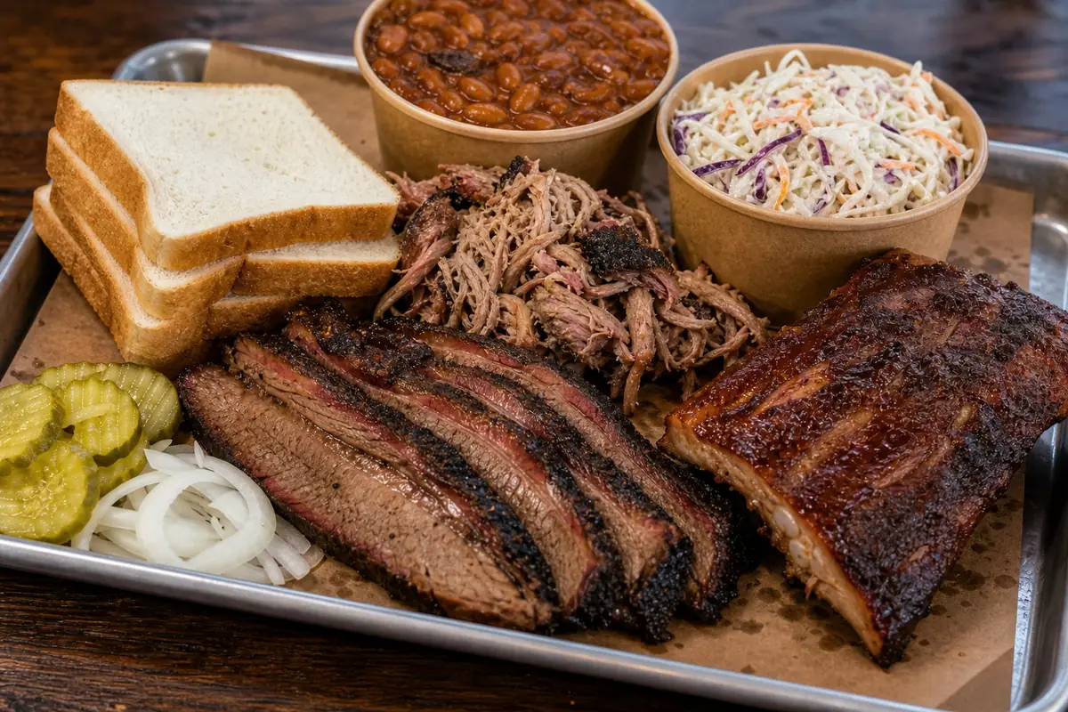 Photoreal smoked barbecue tray representing Back Beach Barbecue
