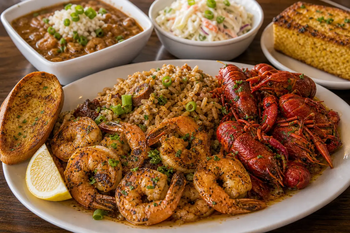 Photoreal Cajun seafood plate representing Bayou on the Beach