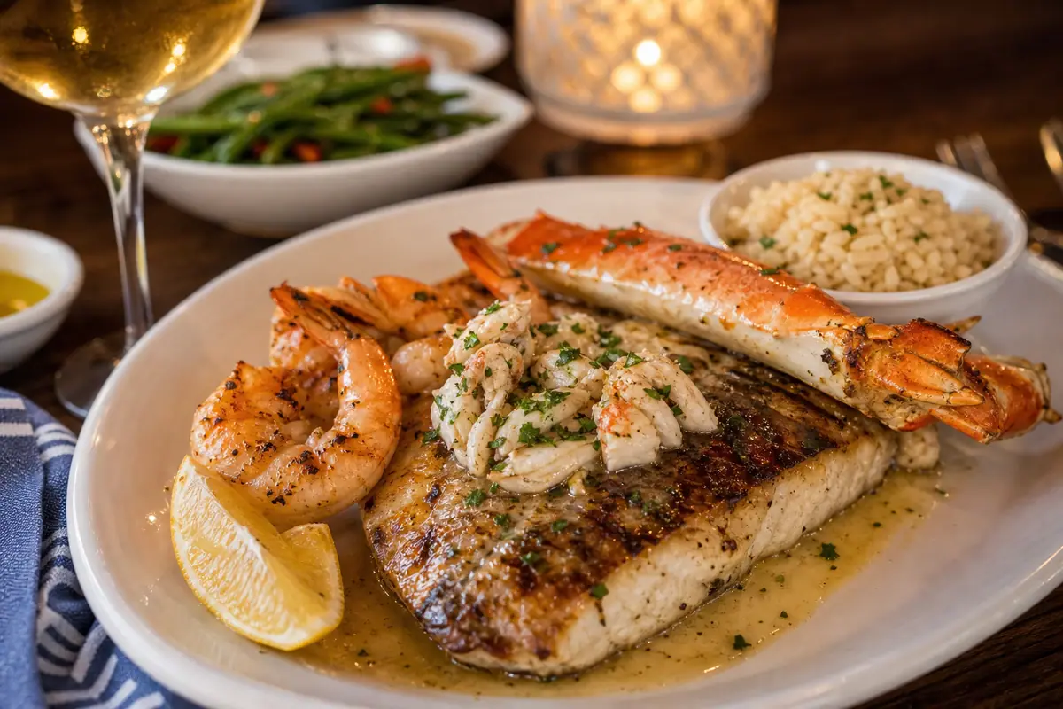 Photoreal classic seafood dinner platter representing Captain Anderson's Restaurant