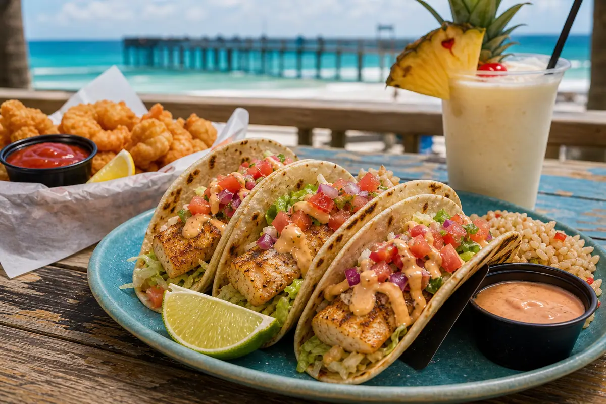 Photoreal beachfront seafood and tropical drink spread representing Pineapple Willy's