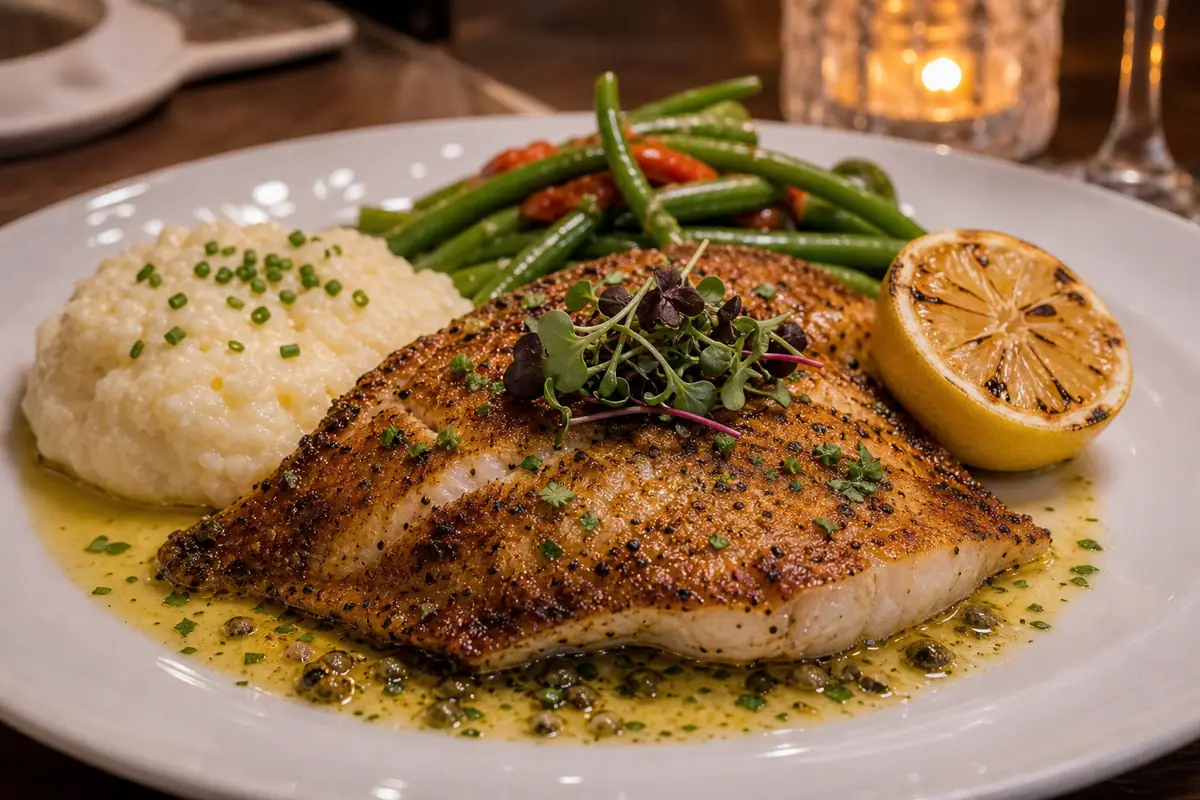 Photoreal refined seafood and steak dinner representing Saltwater Grill