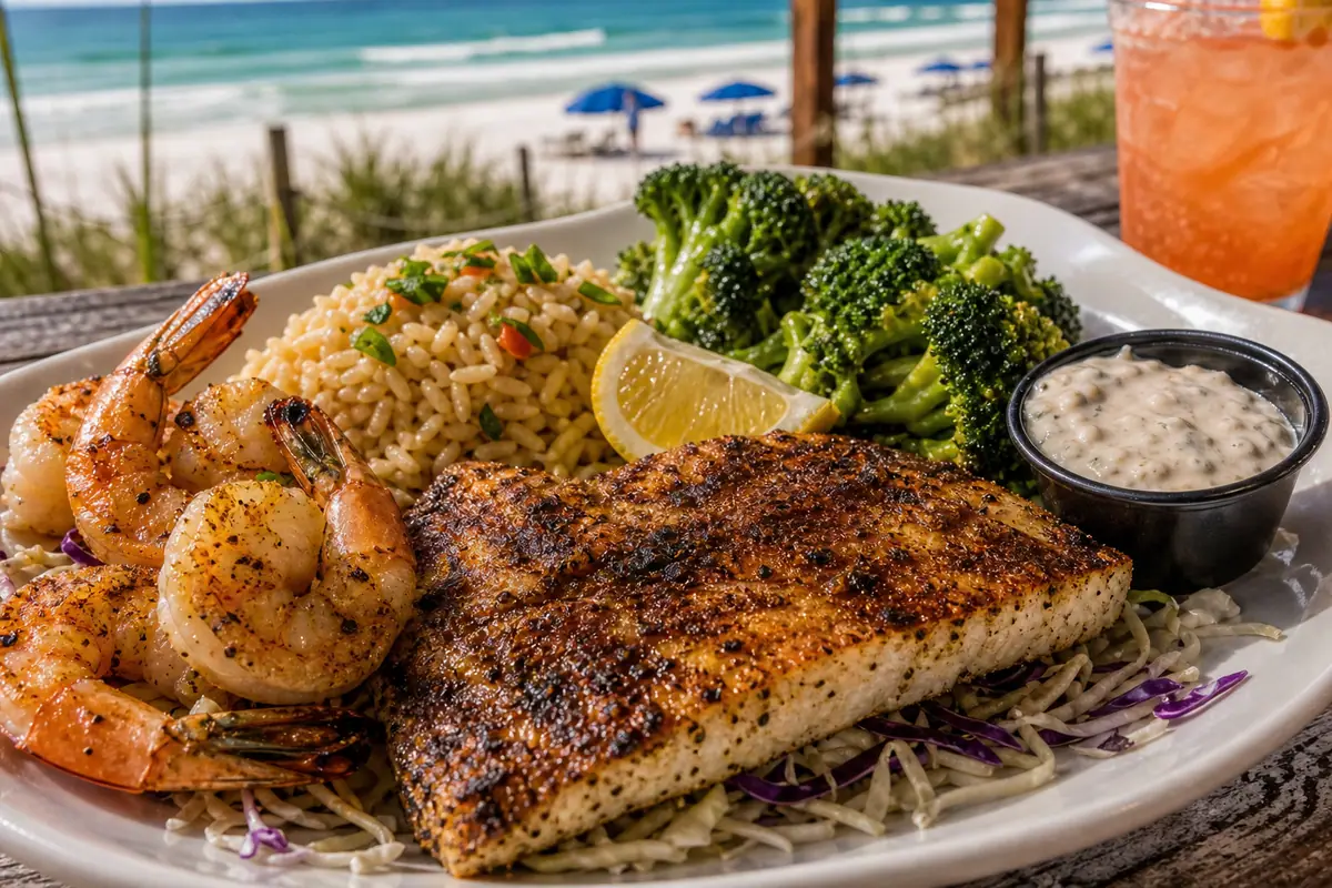 Photoreal beachfront seafood meal with Gulf views representing Schooners