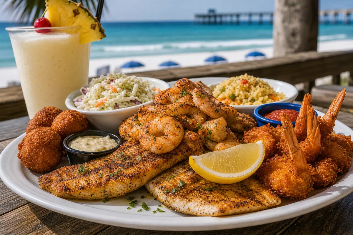 Photoreal beachfront seafood platter representing Sharky's Beachfront Restaurant