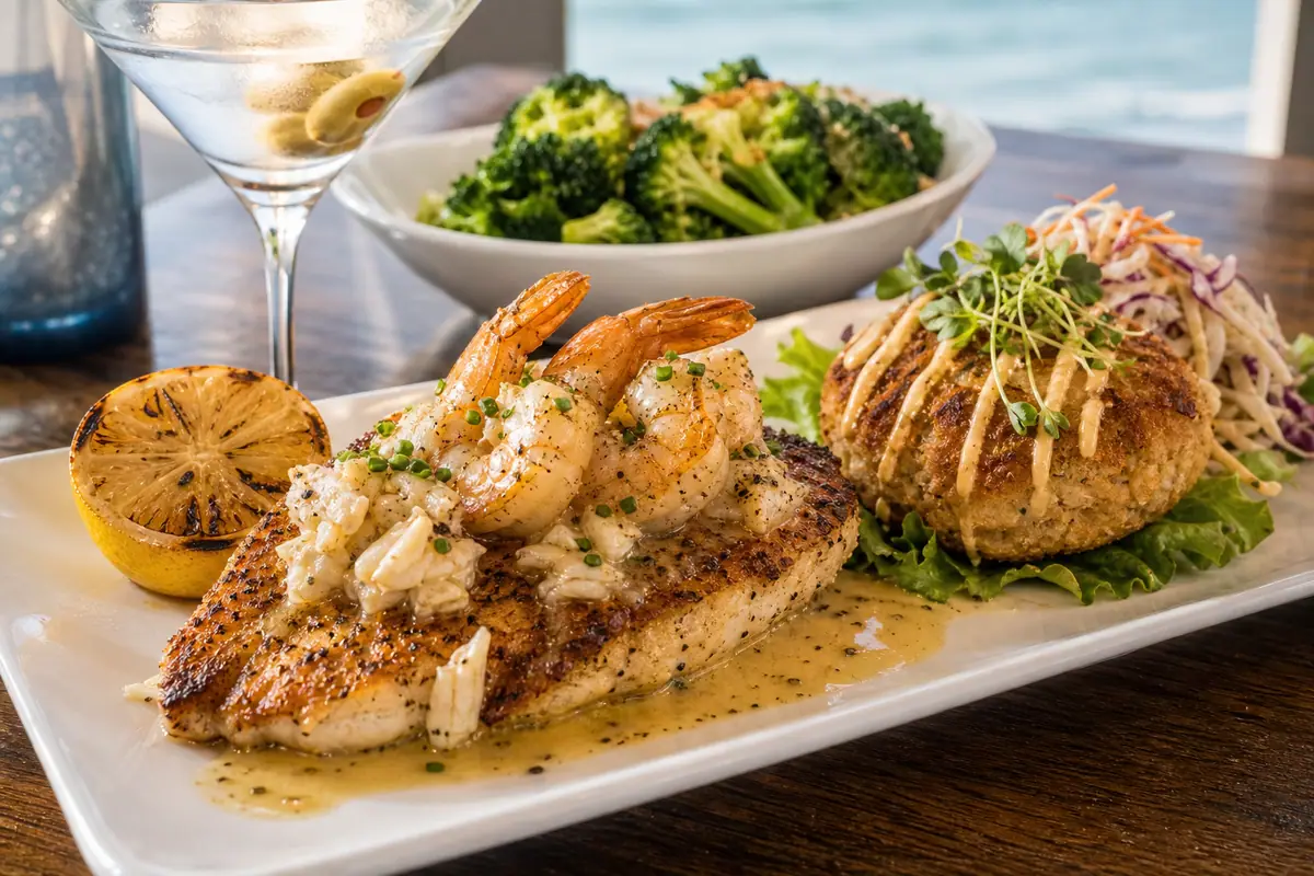 Photoreal refined Gulf seafood plate representing The Grand Marlin of Panama City Beach