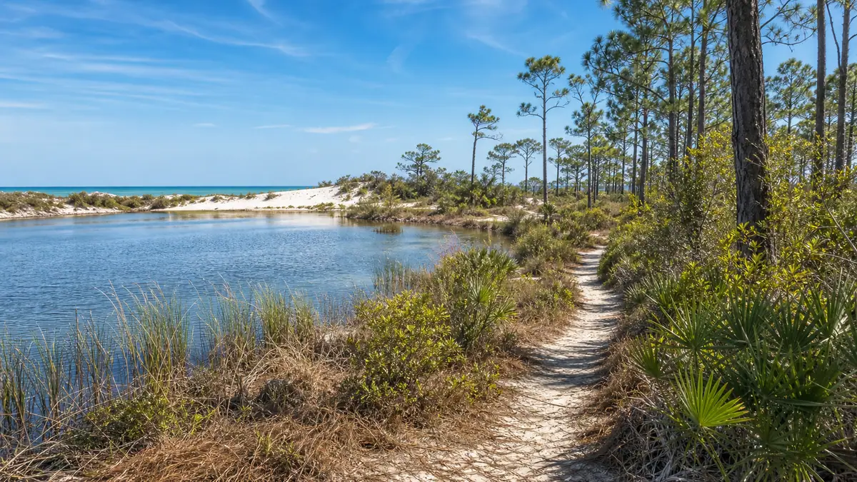 Photoreal dune lake and sandy coastal trail at Camp Helen State Park in Panama City Beach