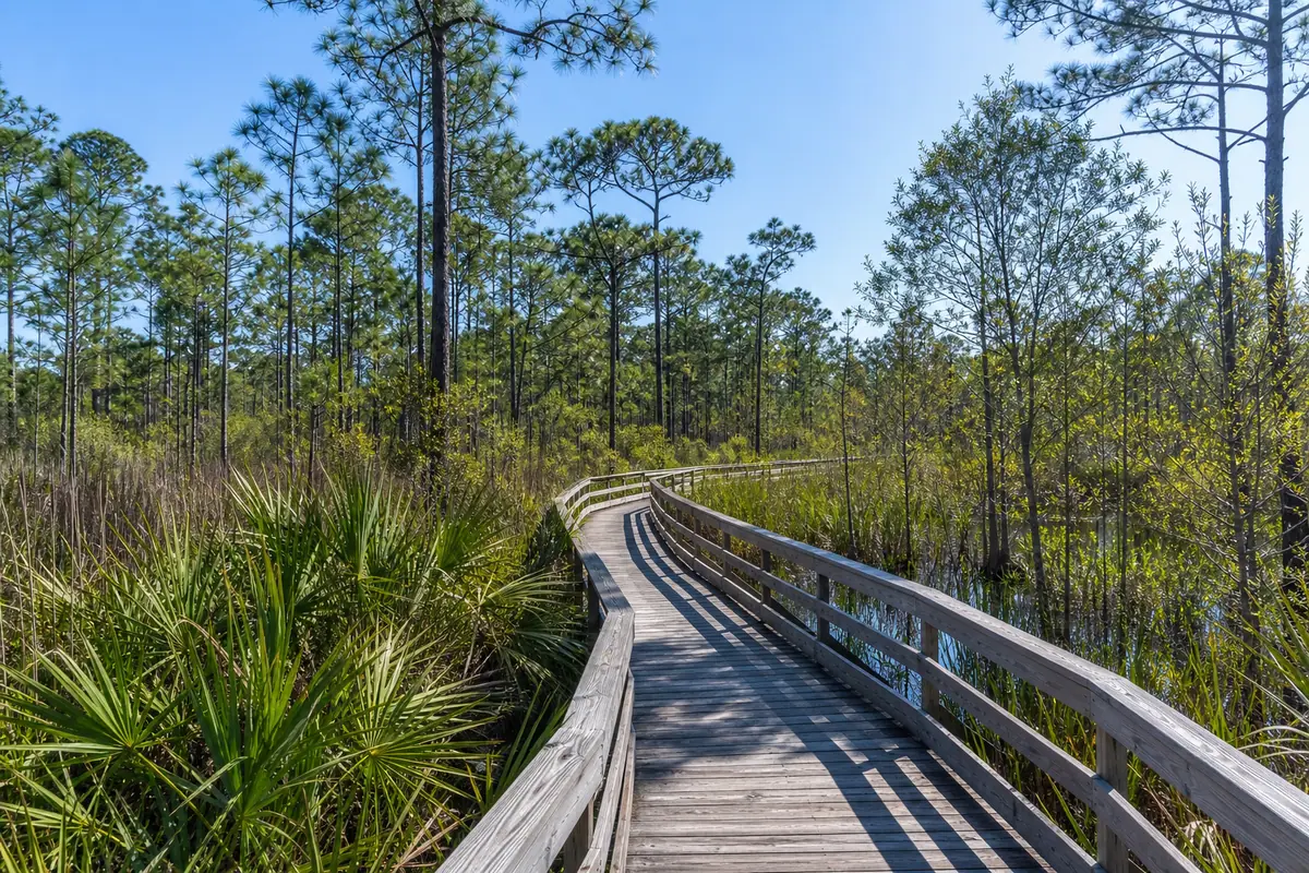 Photoreal boardwalk through wetlands and pine flatwoods at Conservation Park in Panama City Beach