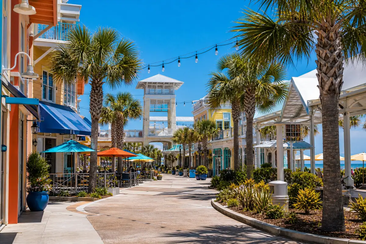 Photoreal open-air shopping and entertainment district scene representing Pier Park