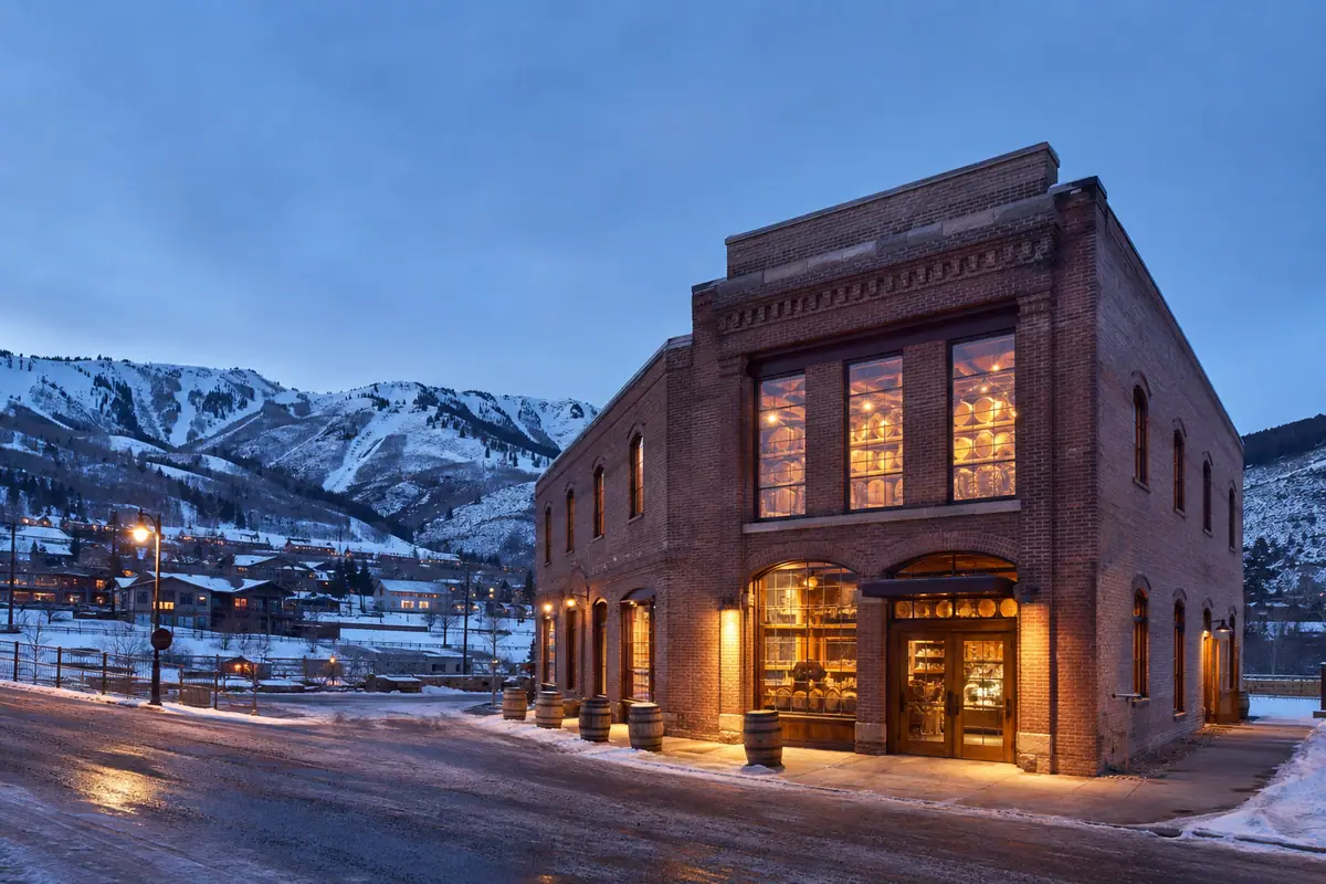 Photoreal historic mountain-town exterior of High West Distillery in Park City