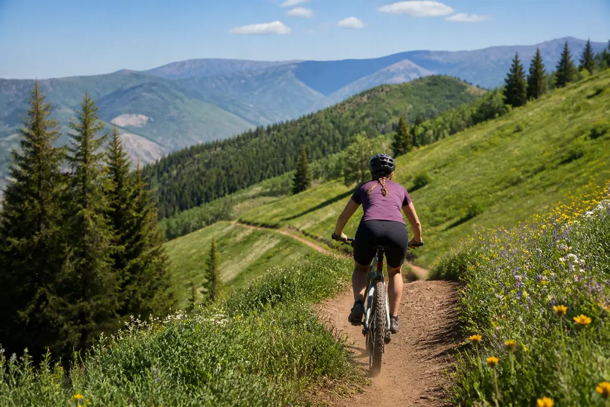 Photorealistic travel-editorial view of Mountain Biking Lesson at Deer Valley in Park City, Utah