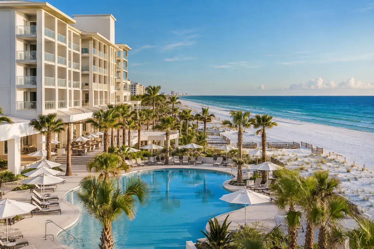 Photoreal travel-editorial view of Hilton Pensacola Beach in Pensacola, Florida
