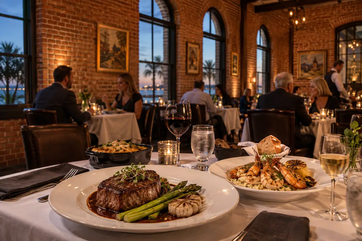 Photoreal travel-editorial view of The District: Seville Steak & Seafood in Pensacola, Florida
