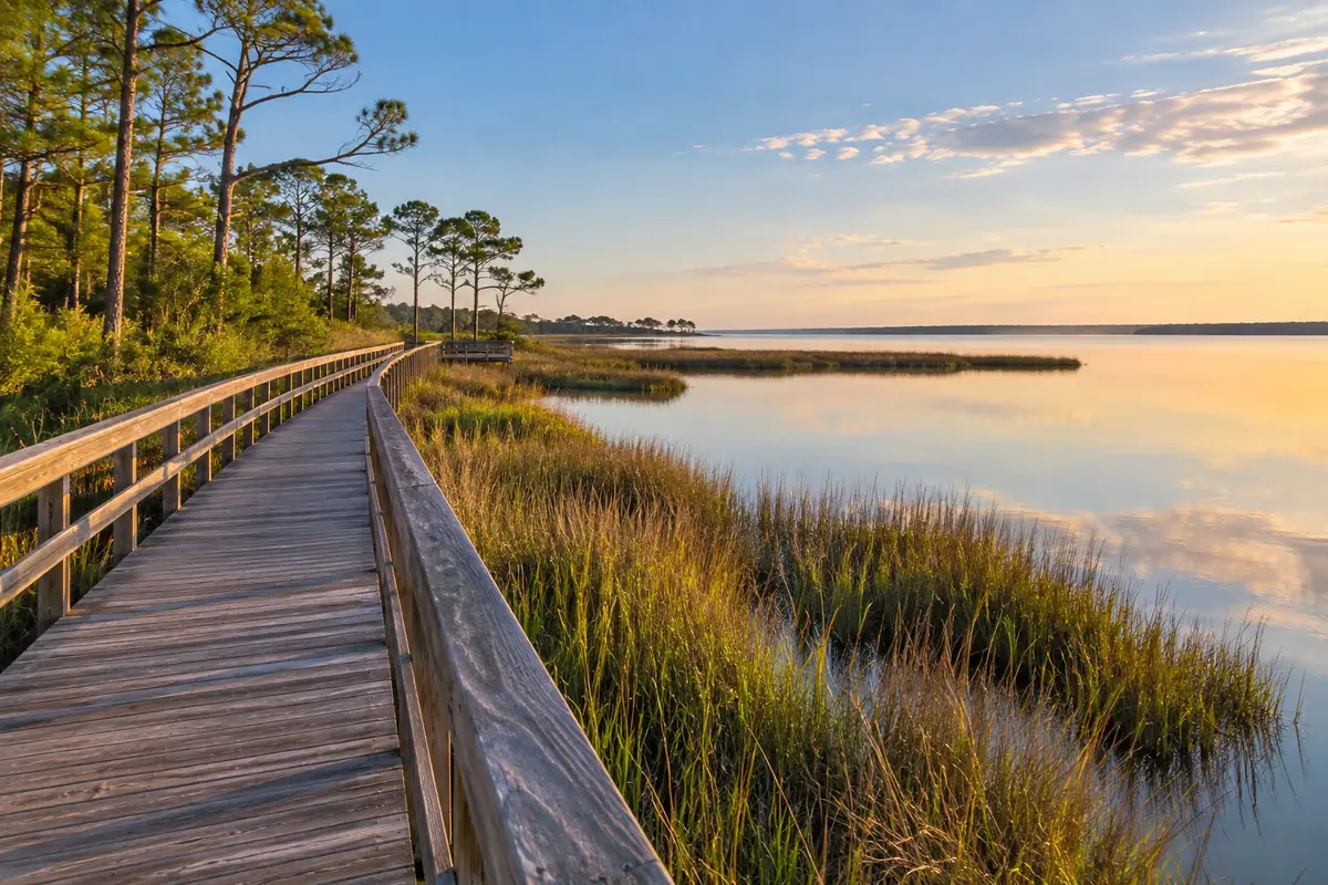 Photoreal travel-editorial view of Big Lagoon State Park in Pensacola, Florida