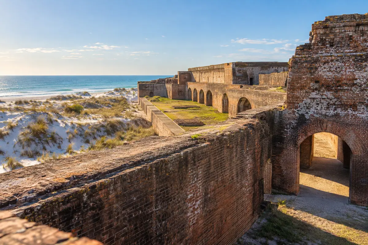 Photoreal travel-editorial view of Fort Pickens in Pensacola, Florida