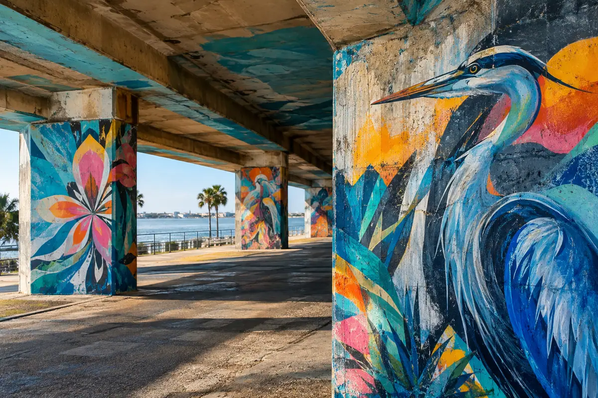 Photoreal travel-editorial view of Graffiti Bridge in Pensacola, Florida