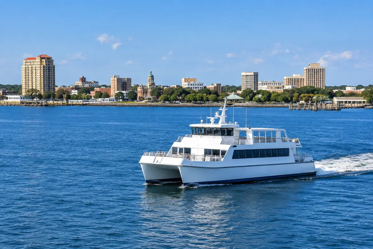 Photoreal travel-editorial view of Pensacola Bay City Ferry in Pensacola, Florida