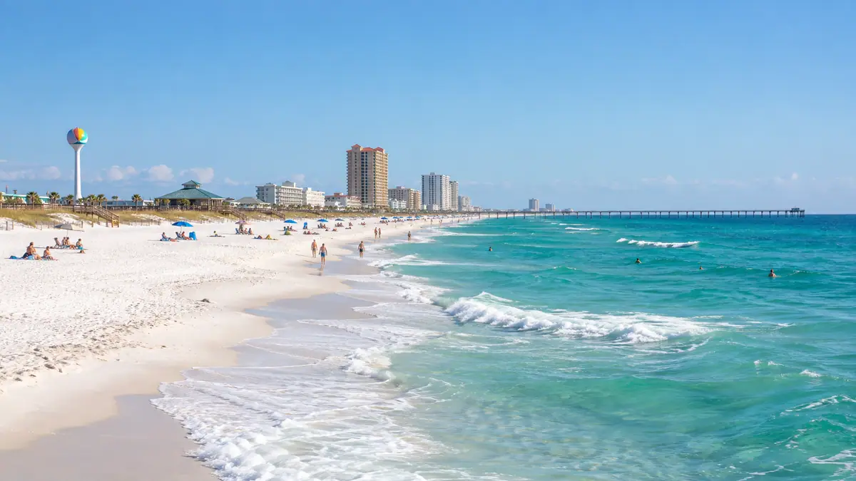 Photoreal travel-editorial view of Pensacola Beach and Casino Beach in Pensacola, Florida