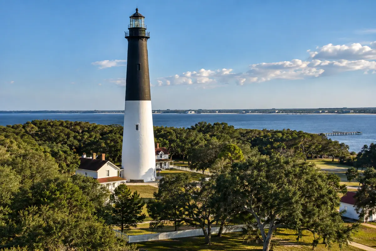 Photoreal travel-editorial view of Pensacola Lighthouse and Maritime Museum in Pensacola, Florida