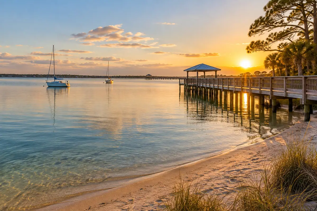 Photoreal travel-editorial view of Quietwater Beach and Boardwalk in Pensacola, Florida