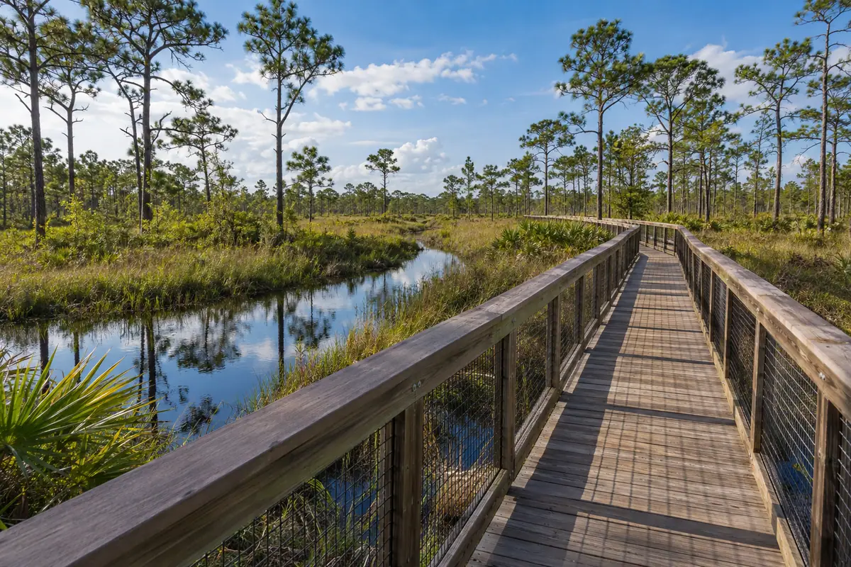 Photoreal travel-editorial view of Tarkiln Bayou Preserve State Park in Pensacola, Florida