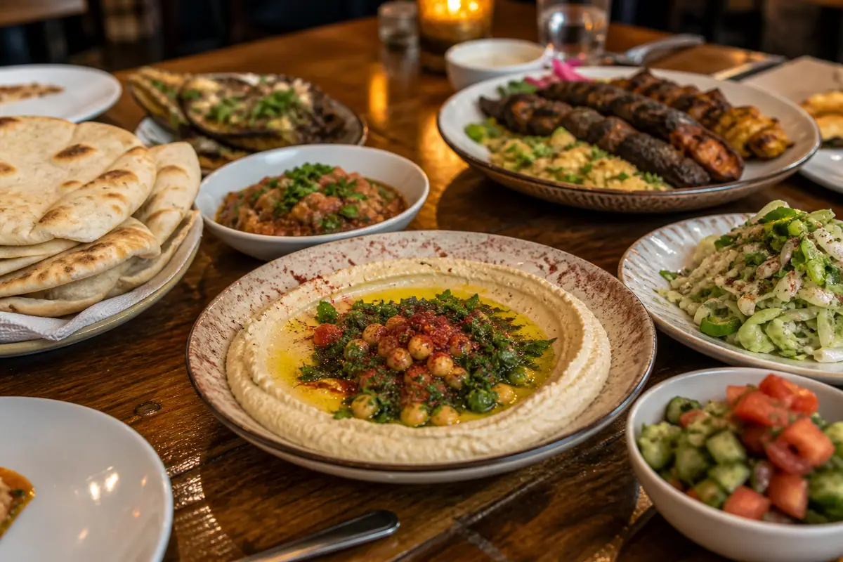 Photoreal shareable Israeli-inspired dinner spread representing Zahav in Philadelphia