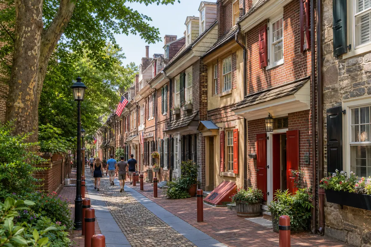 Photoreal Elfreth's Alley rowhouses and cobbled lane in Philadelphia on a sunny day
