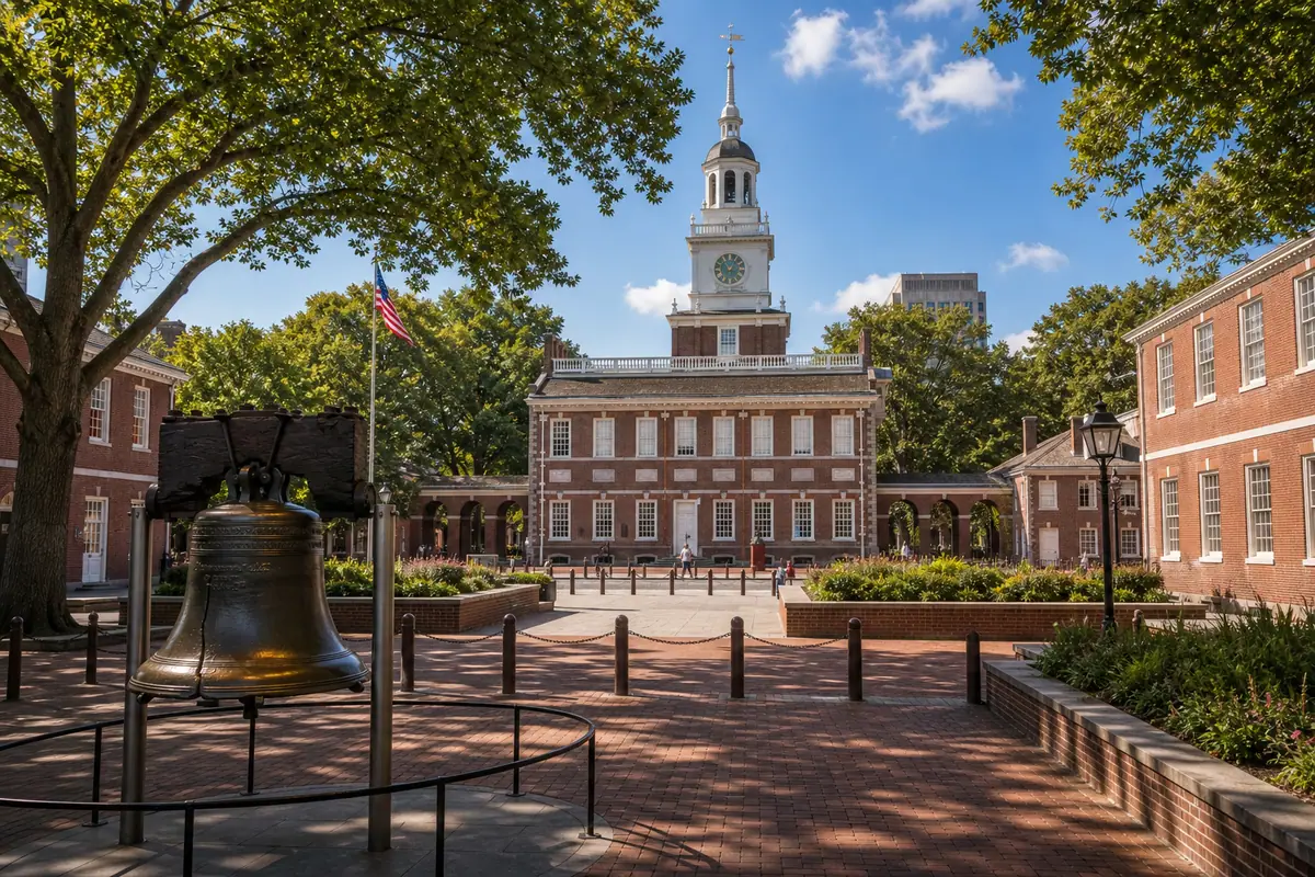 Photoreal Independence Hall and surrounding historic Philadelphia streetscape in daylight