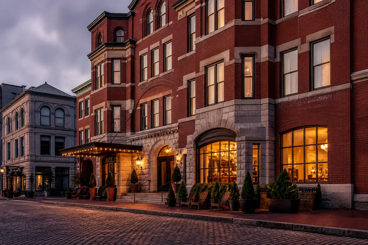 Photoreal exterior or public-space view of Portland Harbor Hotel in Portland, Maine