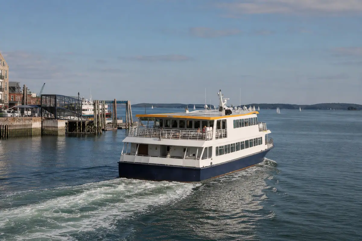 Photoreal travel-editorial view of Casco Bay Lines Island Ferry in Portland, Maine