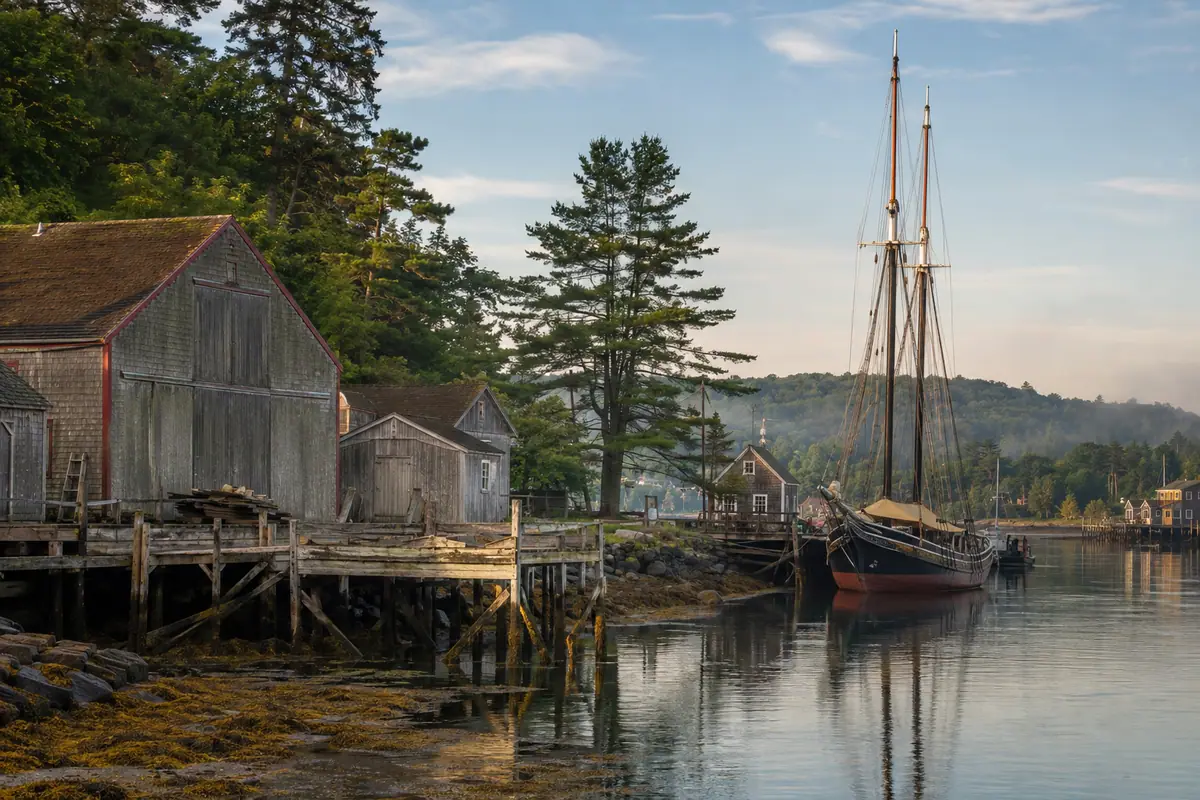 Photoreal historic shipyard at Maine Maritime Museum near Portland