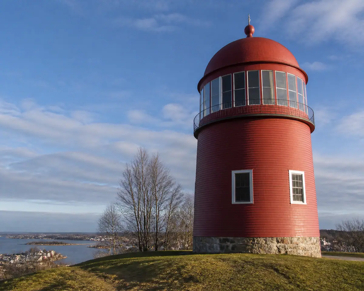 Photoreal travel-editorial view of Portland Observatory in Portland, Maine