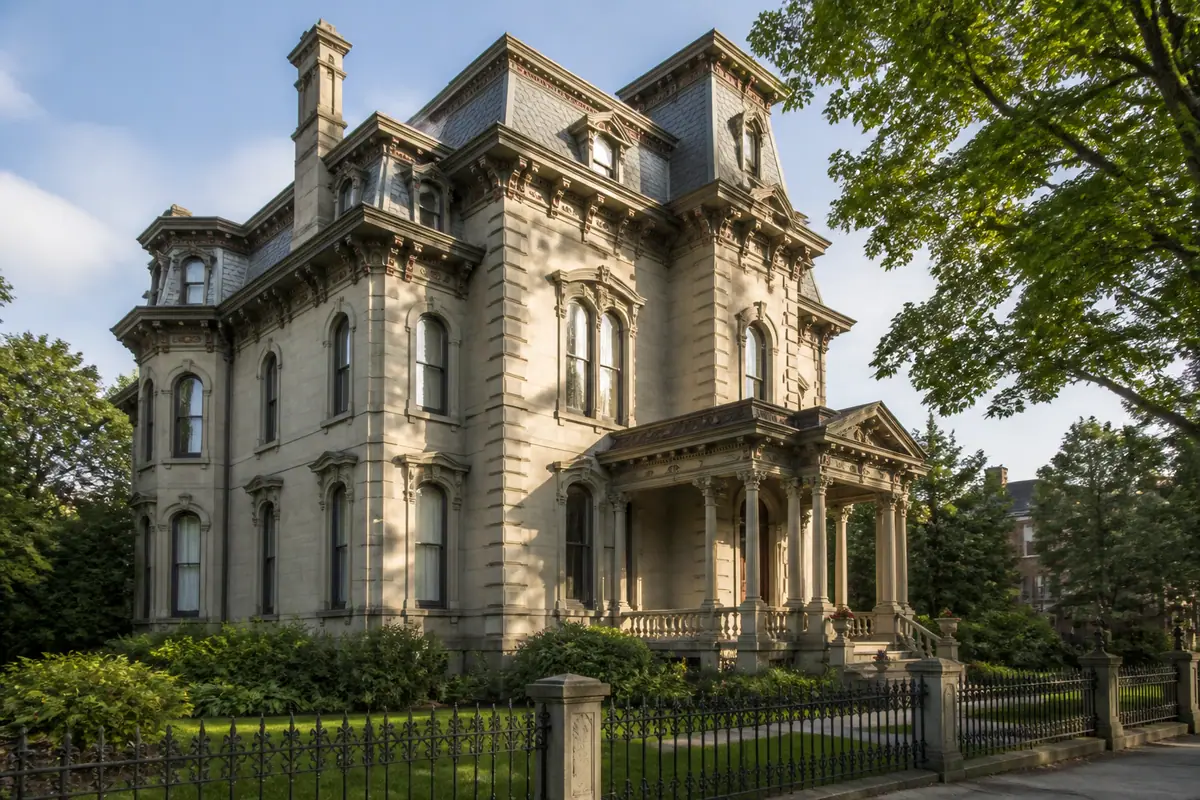 Photoreal travel-editorial view of Victoria Mansion in Portland, Maine